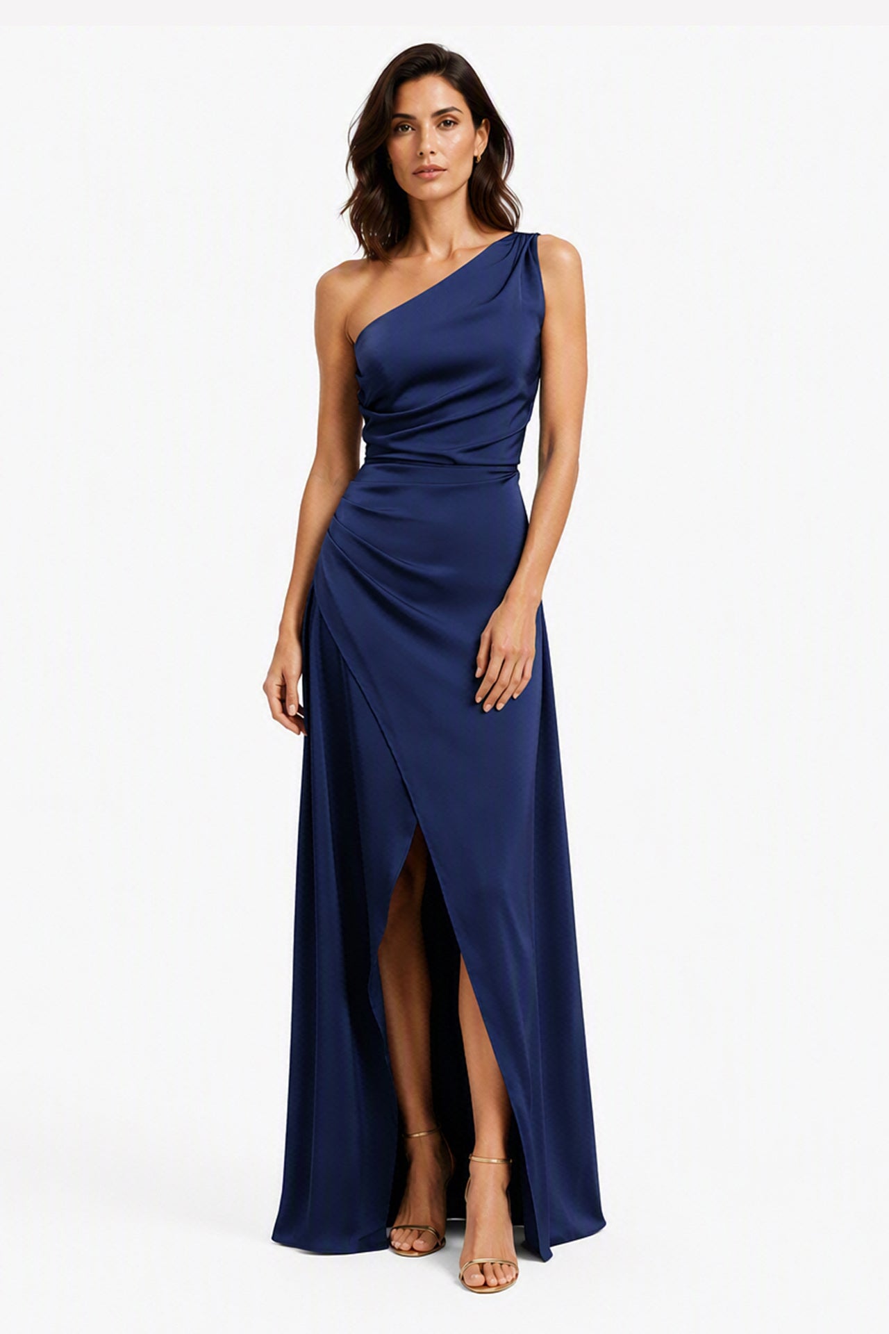 Abito Lungo Monospalla in Satin con Spacco - Eleganza Senza Tempo per Matrimoni e Serate -7