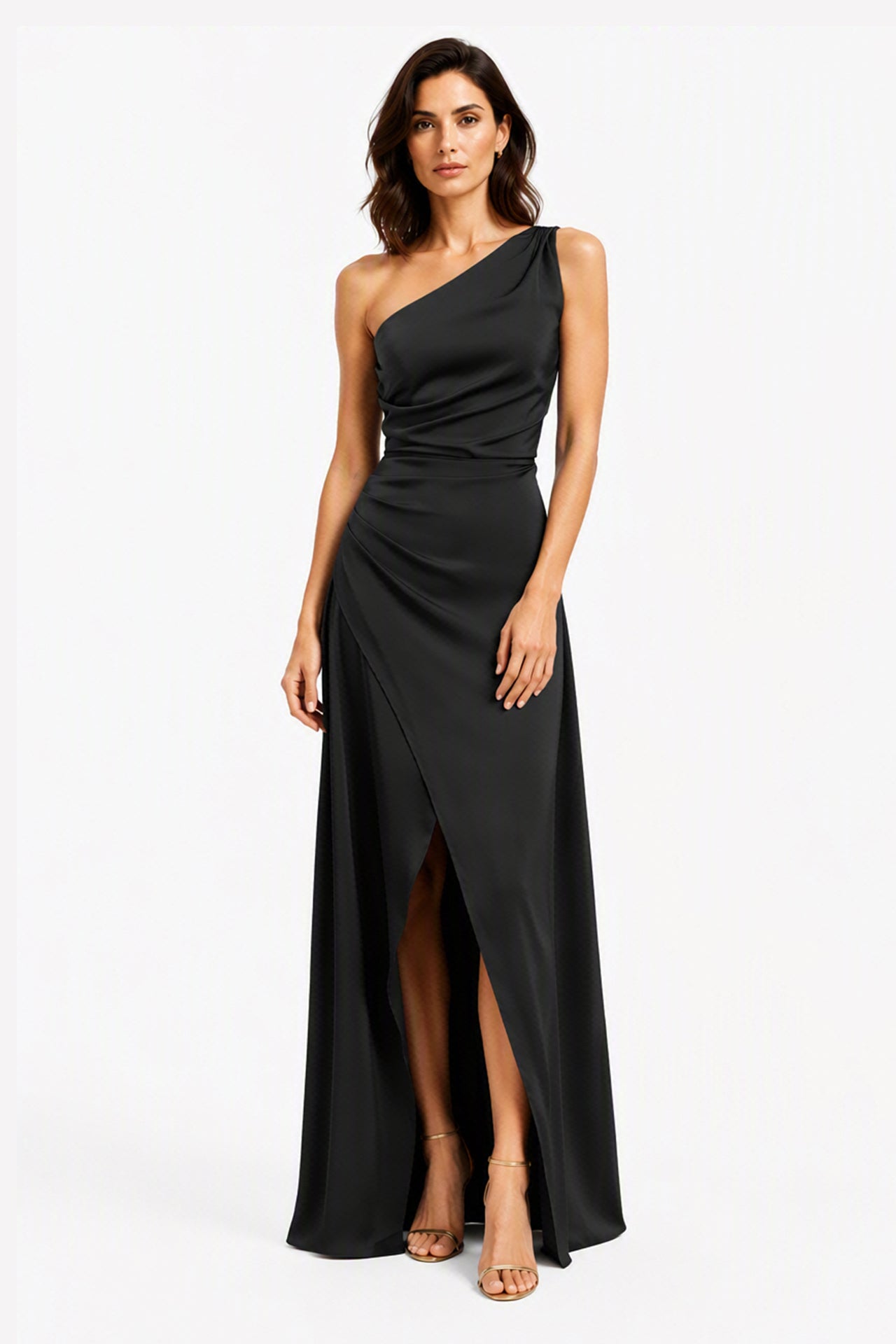 Abito Lungo Monospalla in Satin con Spacco - Eleganza Senza Tempo per Matrimoni e Serate -8