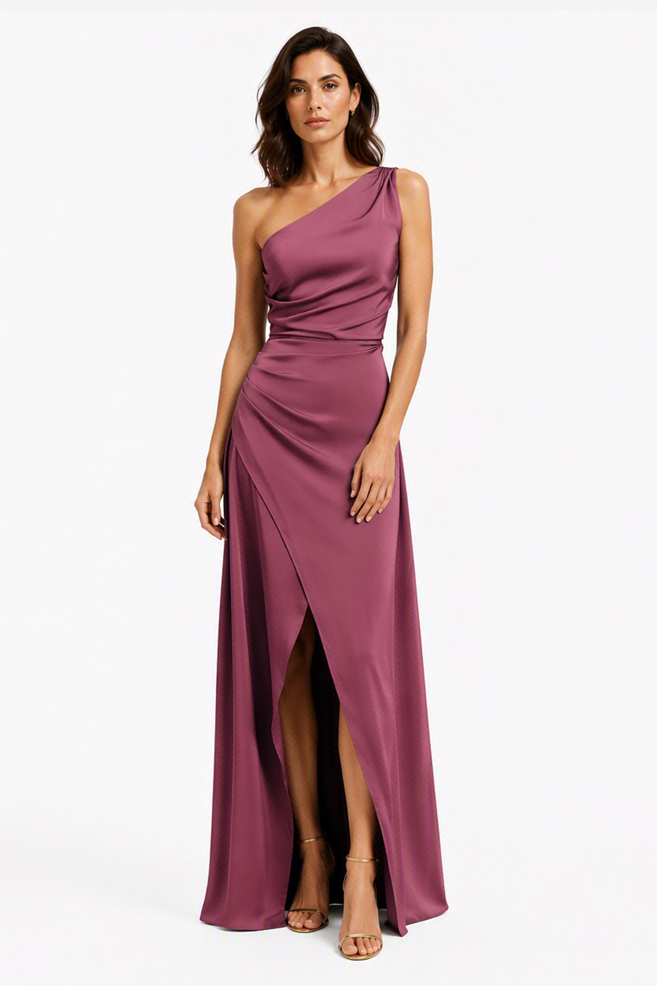 Abito Lungo Monospalla in Satin con Spacco - Eleganza Senza Tempo per Matrimoni e Serate -9