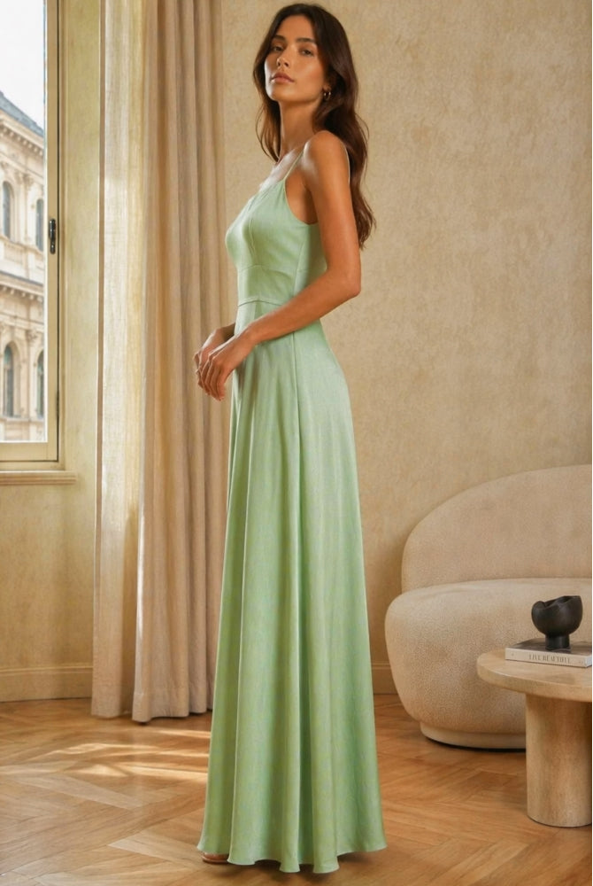 Abito Lungo in Satin con Spalline Sottili e Schiena a Croce - Eleganza per Matrimoni e Serate