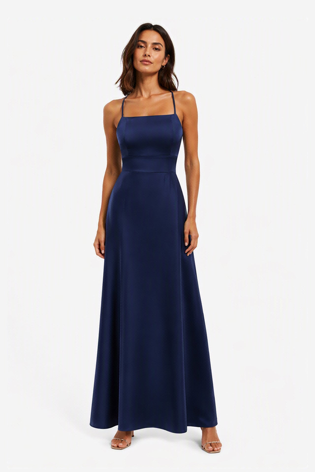 Abito Lungo in Satin con Spalline Sottili e Schiena a Croce - Eleganza per Matrimoni e Serate -7