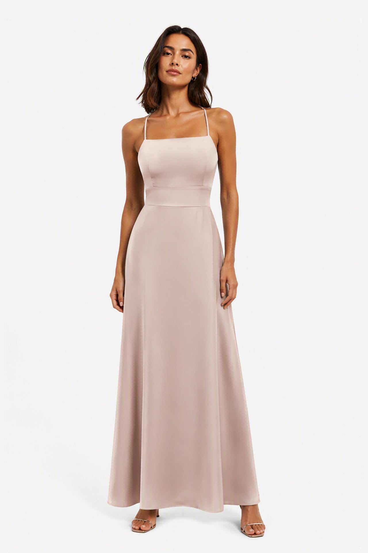 Abito Lungo in Satin con Spalline Sottili e Schiena a Croce - Eleganza per Matrimoni e Serate -4