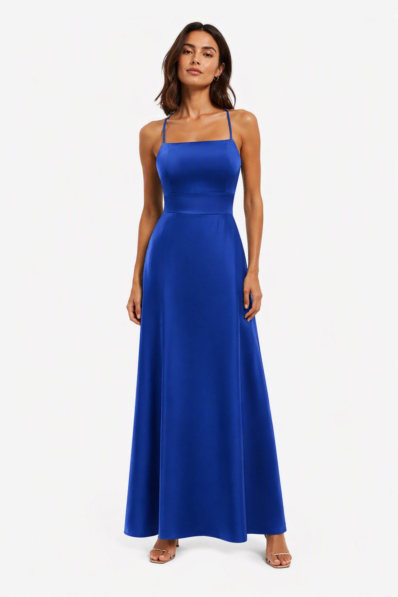 Abito Lungo in Satin con Spalline Sottili e Schiena a Croce - Eleganza per Matrimoni e Serate -6