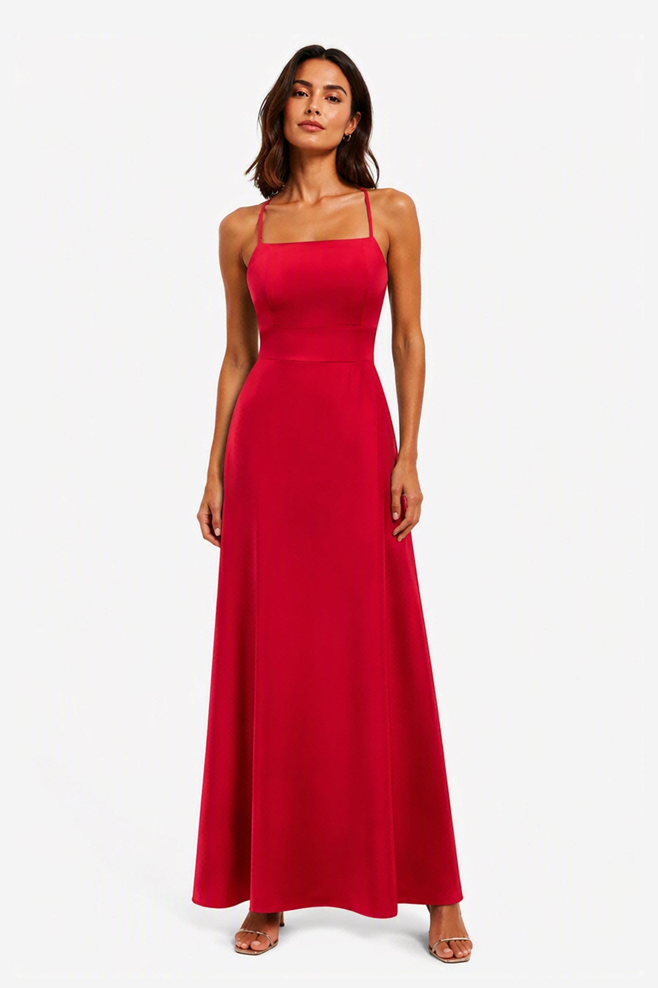 Abito Lungo in Satin con Spalline Sottili e Schiena a Croce - Eleganza per Matrimoni e Serate -5