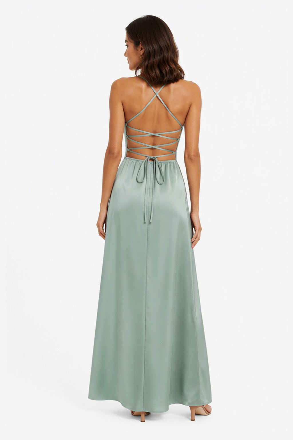 Abito Lungo in Satin con Spalline Sottili e Schiena a Croce - Eleganza per Matrimoni e Serate -1