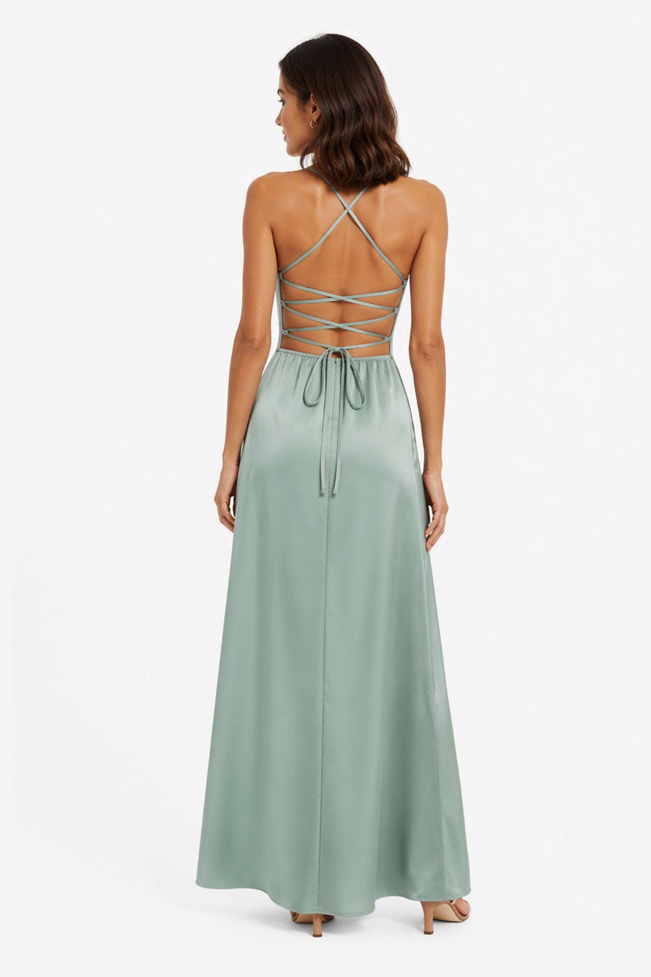 Abito Lungo in Satin con Spalline Sottili e Schiena a Croce - Eleganza per Matrimoni e Serate -1