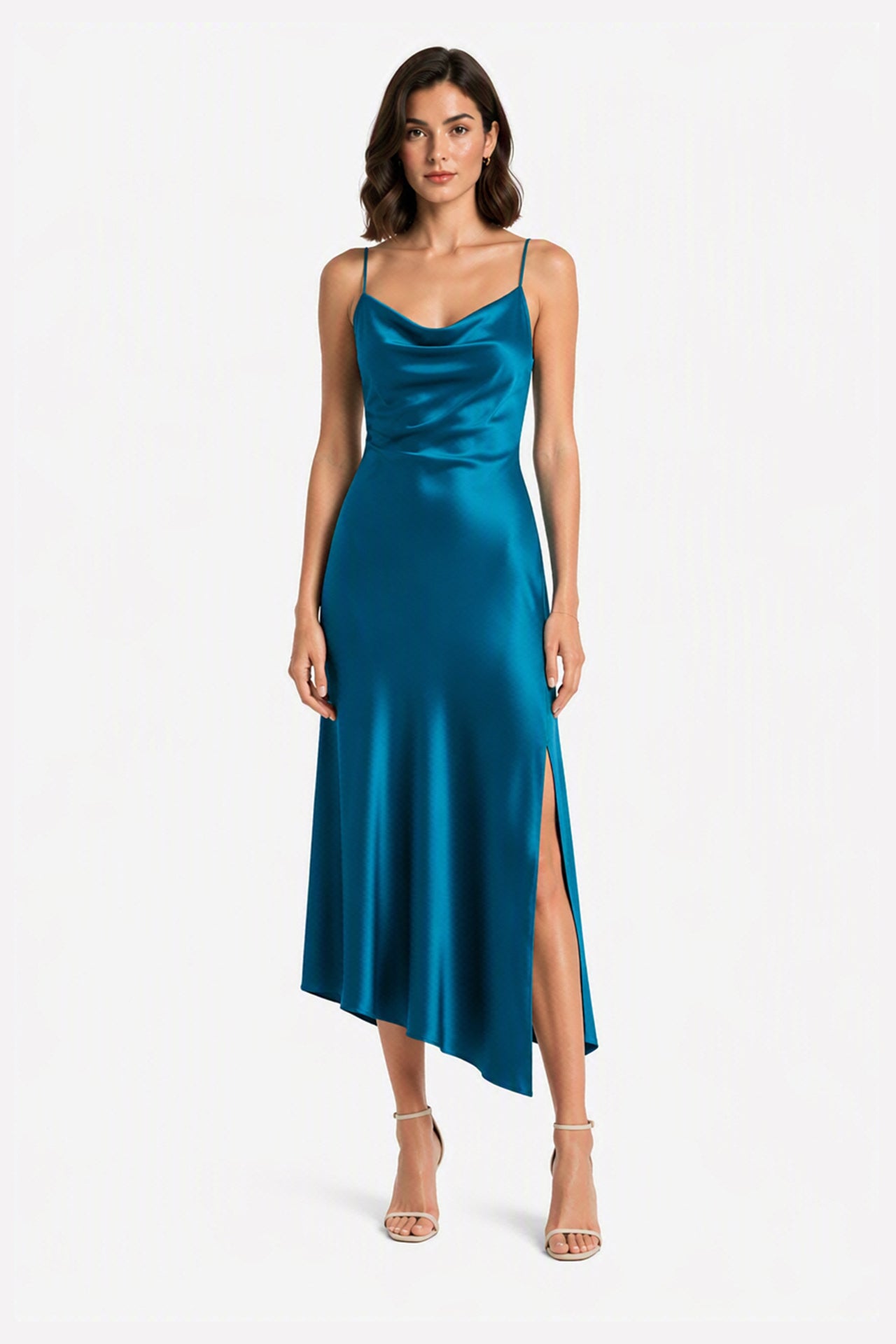 Abito Midi in Satin con Scollatura a Collo d'Anatra e Spalline - Eleganza Asimmetrica per Serate -3
