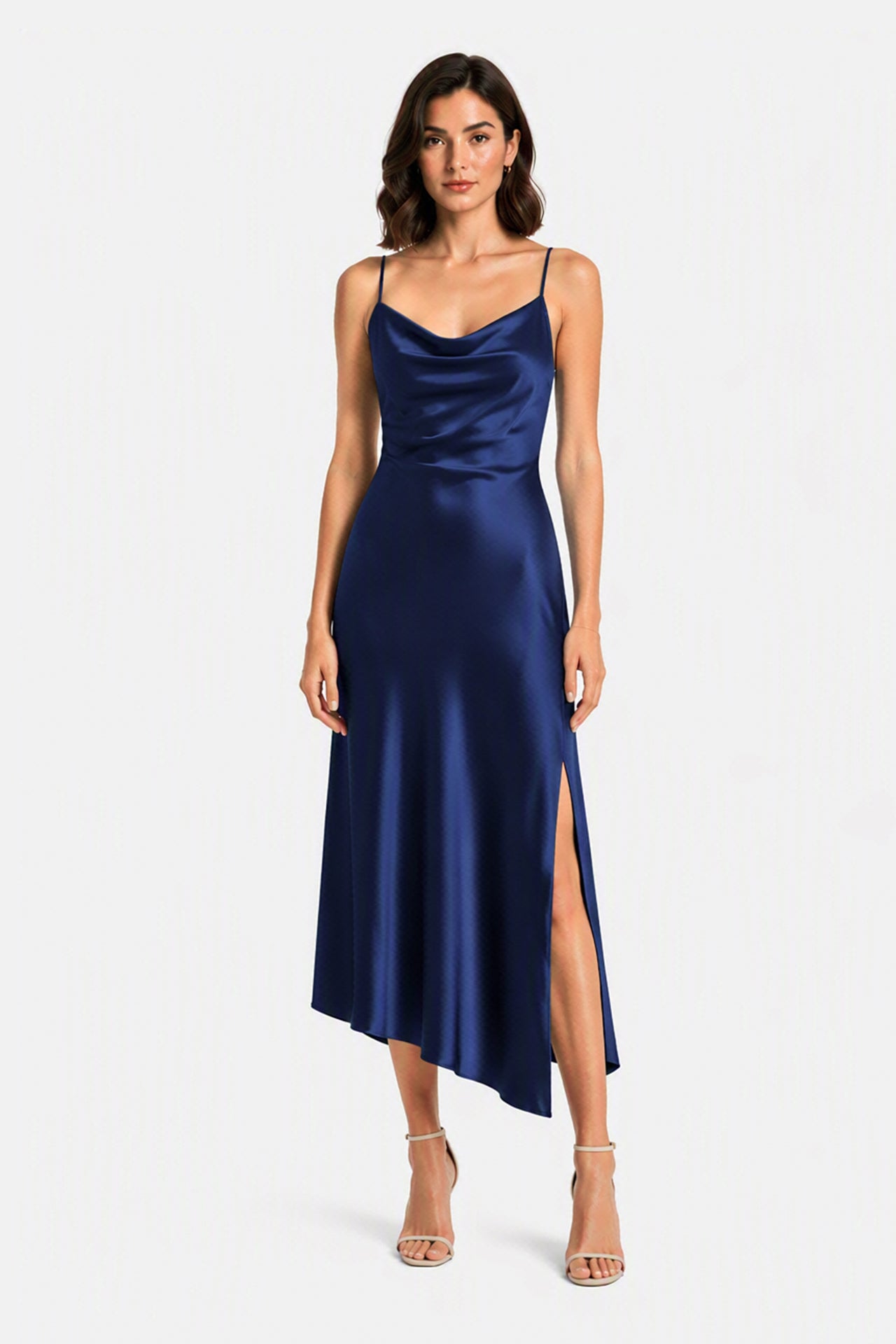 Abito Midi in Satin con Scollatura a Collo d'Anatra e Spalline - Eleganza Asimmetrica per Serate -4