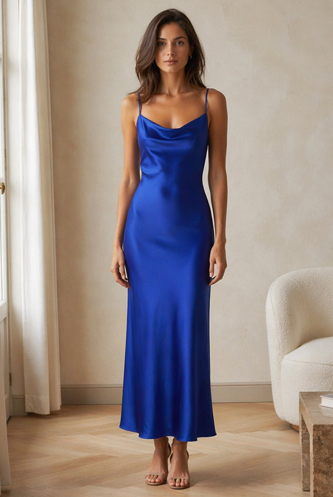 Abito Midi in Satin con Spalline e Scollatura a Collo d'Anatra - Eleganza Senza Tempo per Serate（副本）