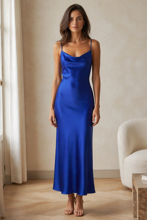 Abito Midi in Satin con Spalline e Scollatura a Collo d'Anatra - Eleganza Senza Tempo per Serate（副本）