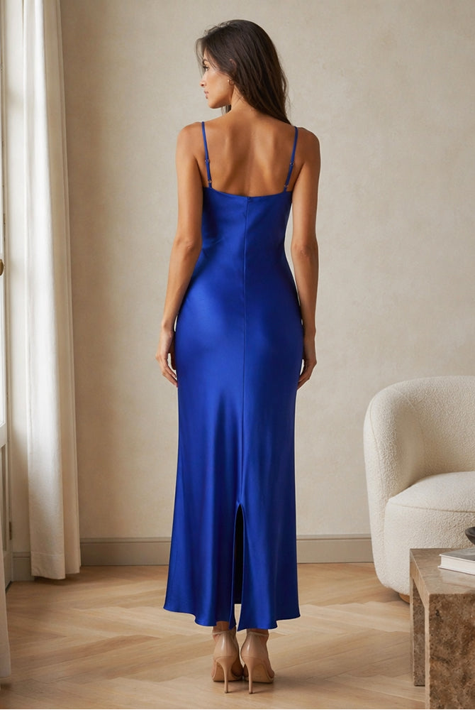 Abito Midi in Satin con Spalline e Scollatura a Collo d'Anatra - Eleganza Senza Tempo per Serate（副本）