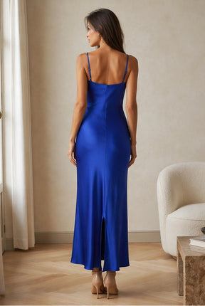 Abito Midi in Satin con Spalline e Scollatura a Collo d'Anatra - Eleganza Senza Tempo per Serate