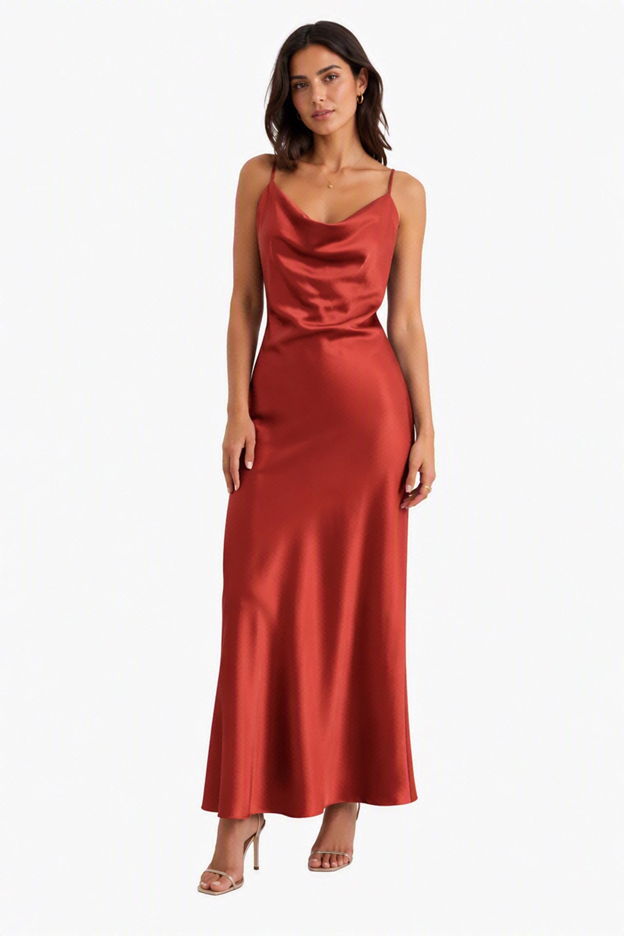 Abito Midi in Satin con Spalline e Scollatura a Collo d'Anatra - Eleganza Senza Tempo per Serate -3