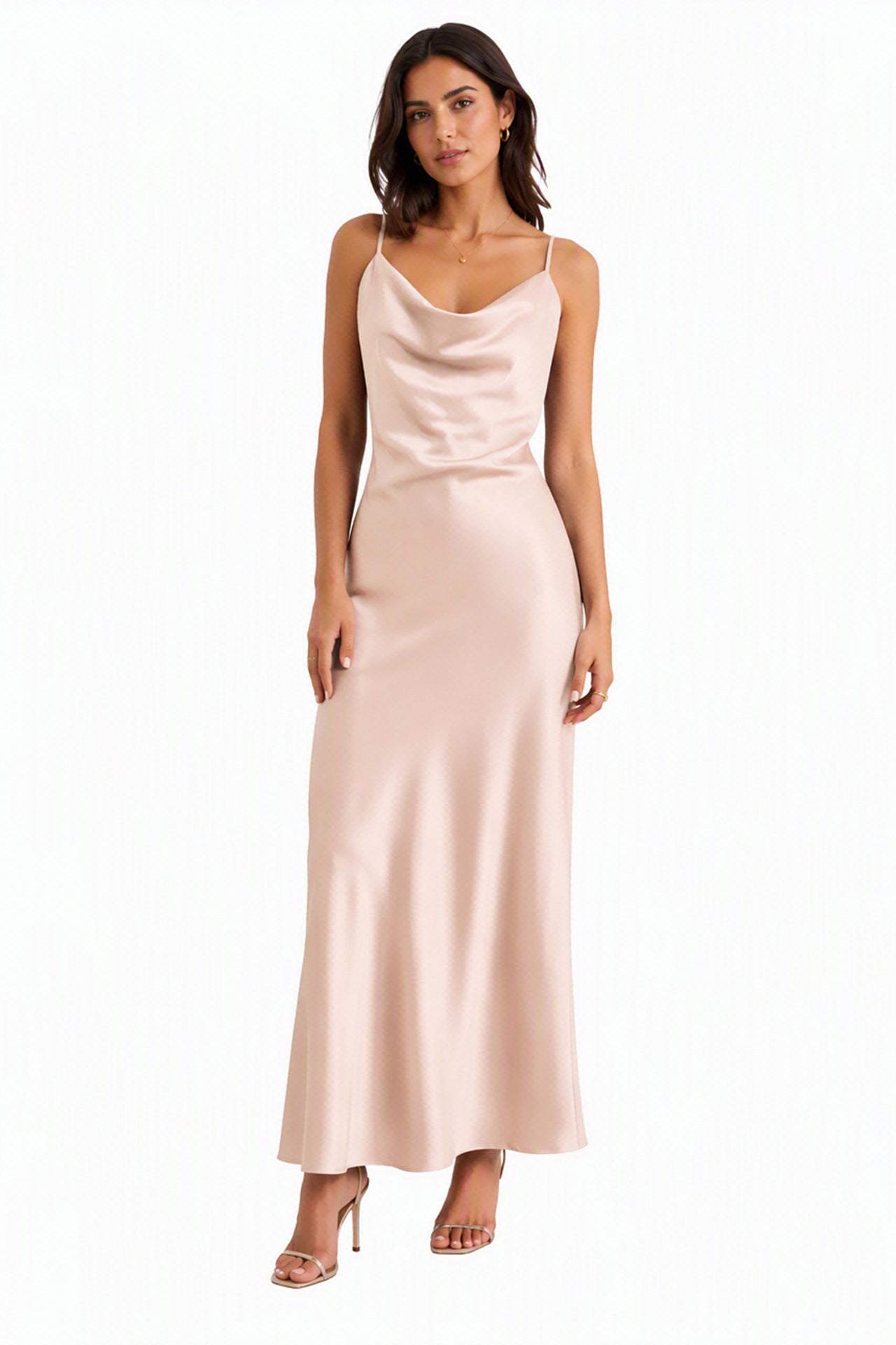 Abito Midi in Satin con Spalline e Scollatura a Collo d'Anatra - Eleganza Senza Tempo per Serate -4