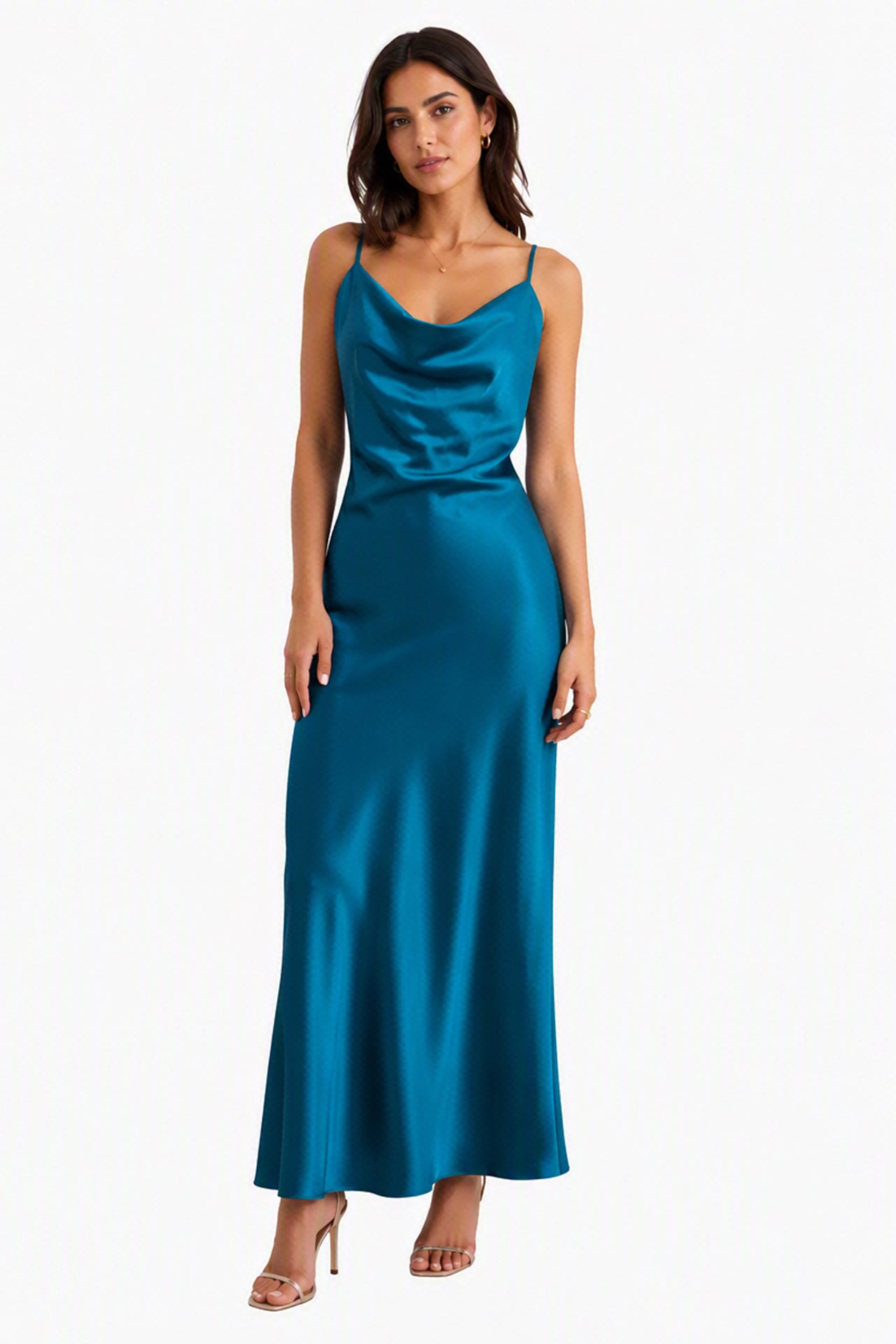 Abito Midi in Satin con Spalline e Scollatura a Collo d'Anatra - Eleganza Senza Tempo per Serate -5