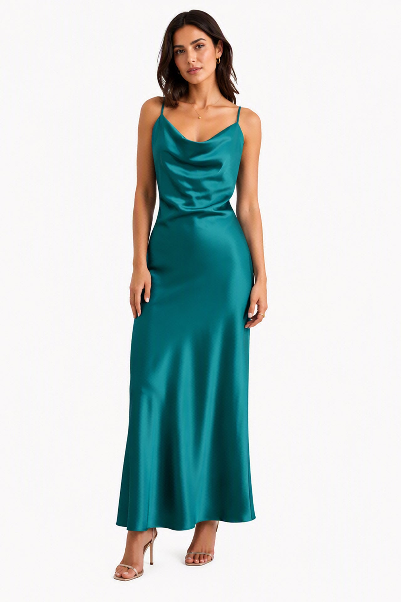 Abito Midi in Satin con Spalline e Scollatura a Collo d'Anatra - Eleganza Senza Tempo per Serate -6