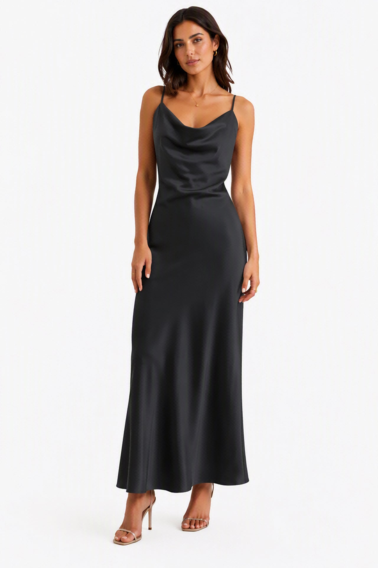 Abito Midi in Satin con Spalline e Scollatura a Collo d'Anatra - Eleganza Senza Tempo per Serate -8