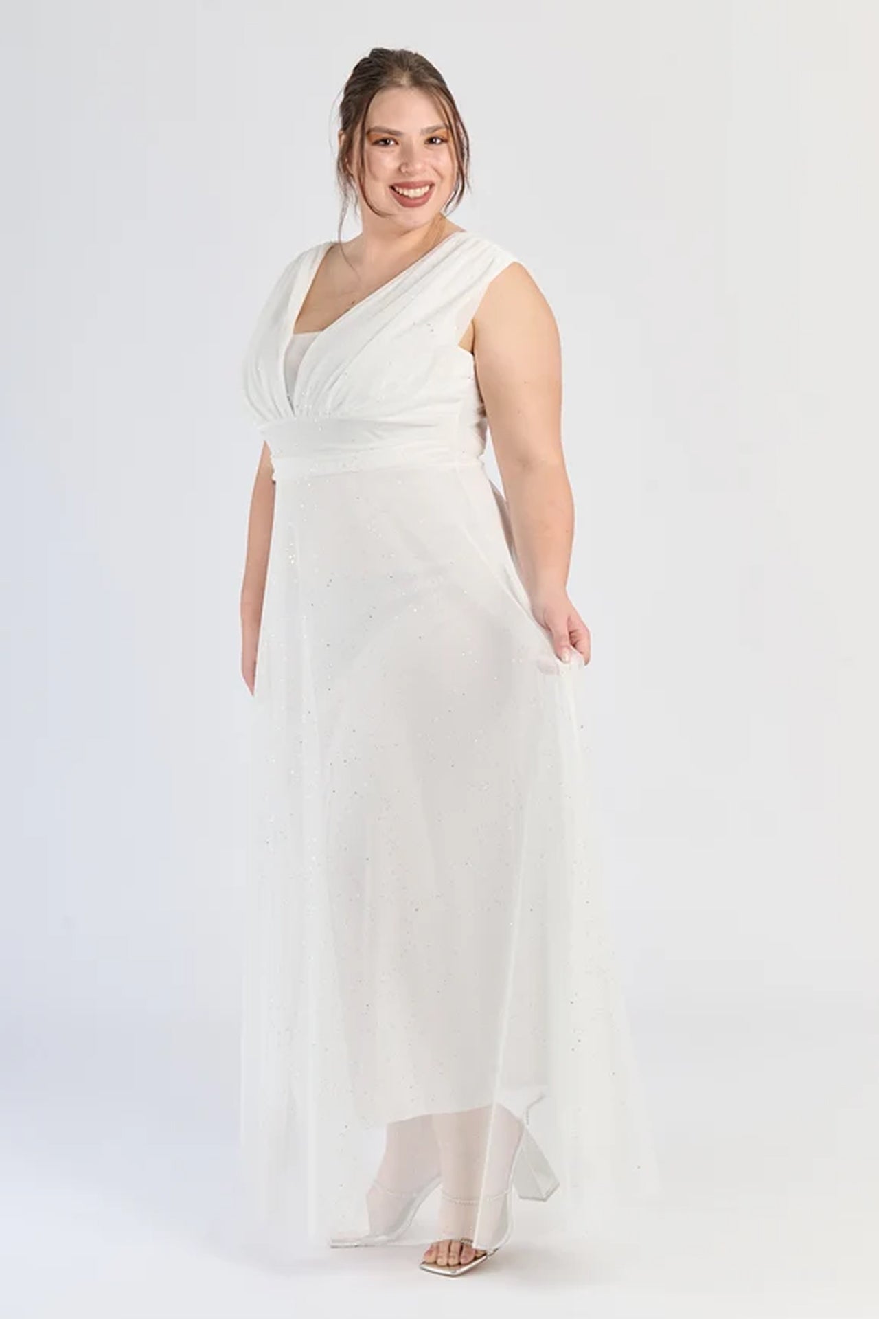 Abito “Lunaria” – Vestito Lungo in Tulle Glitterato con Scollo Incrociato