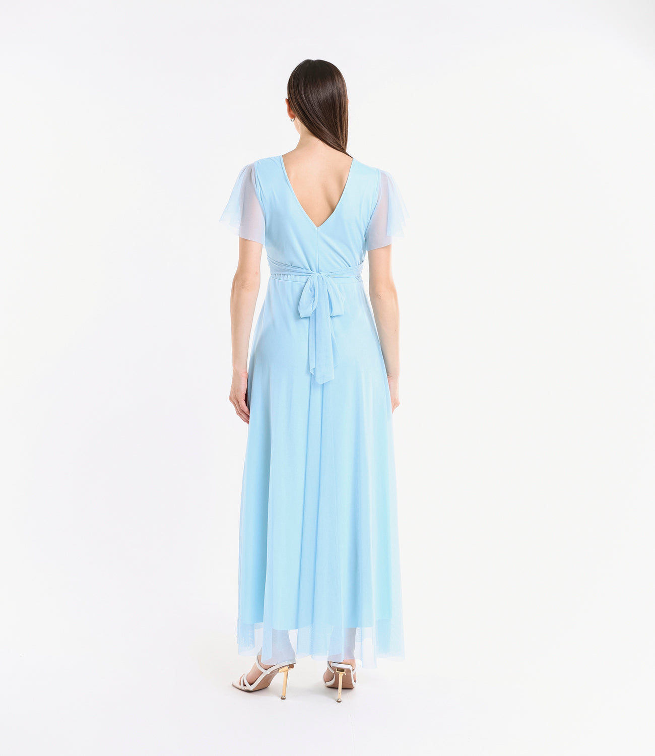 Abito azzurro laccio vita, tulle trasparente, design elegante, per cerimonie