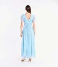 Abito azzurro laccio vita, tulle trasparente, design elegante, per cerimonie