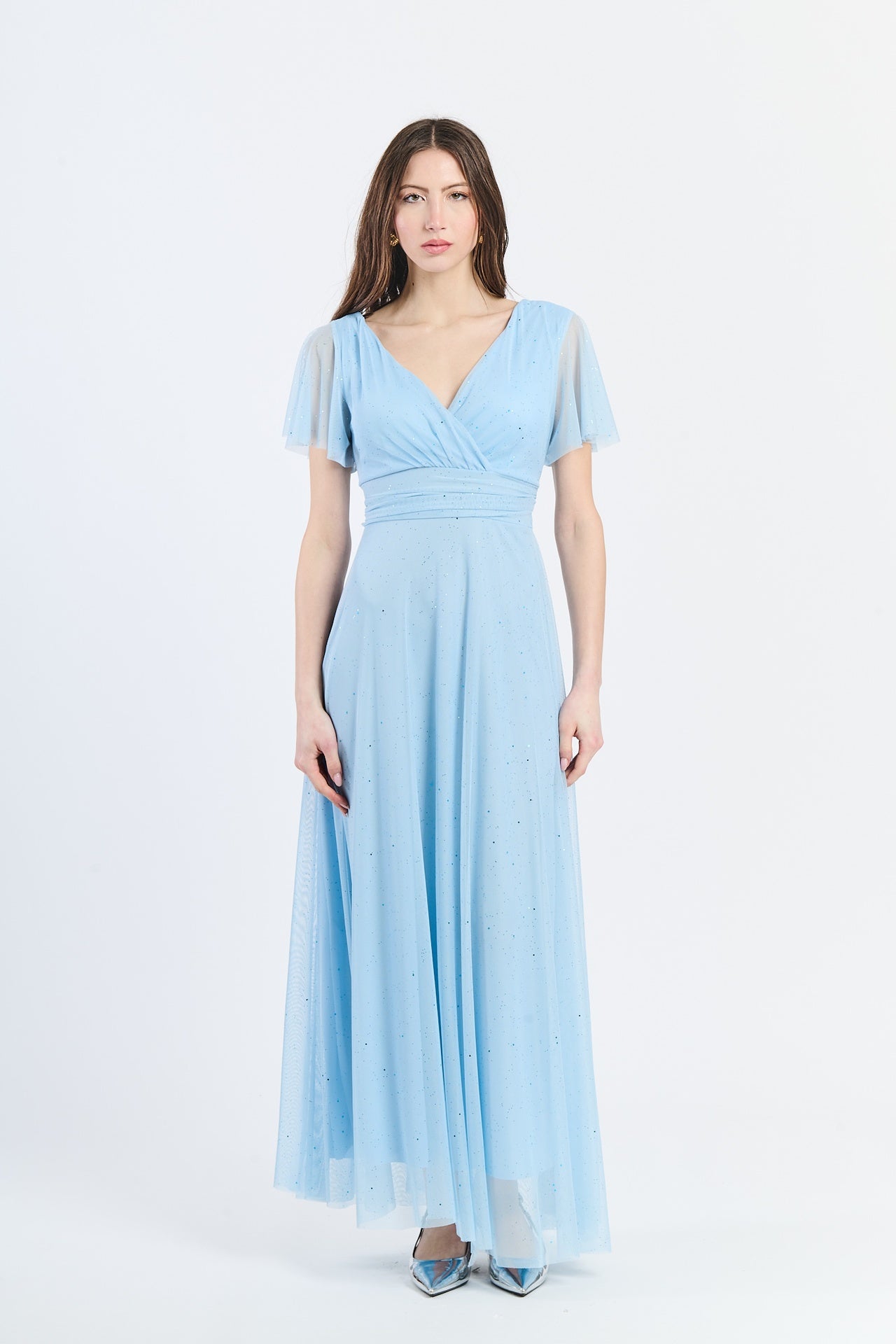 Abito azzurro trasparente con maniche chiffon, per feste speciali