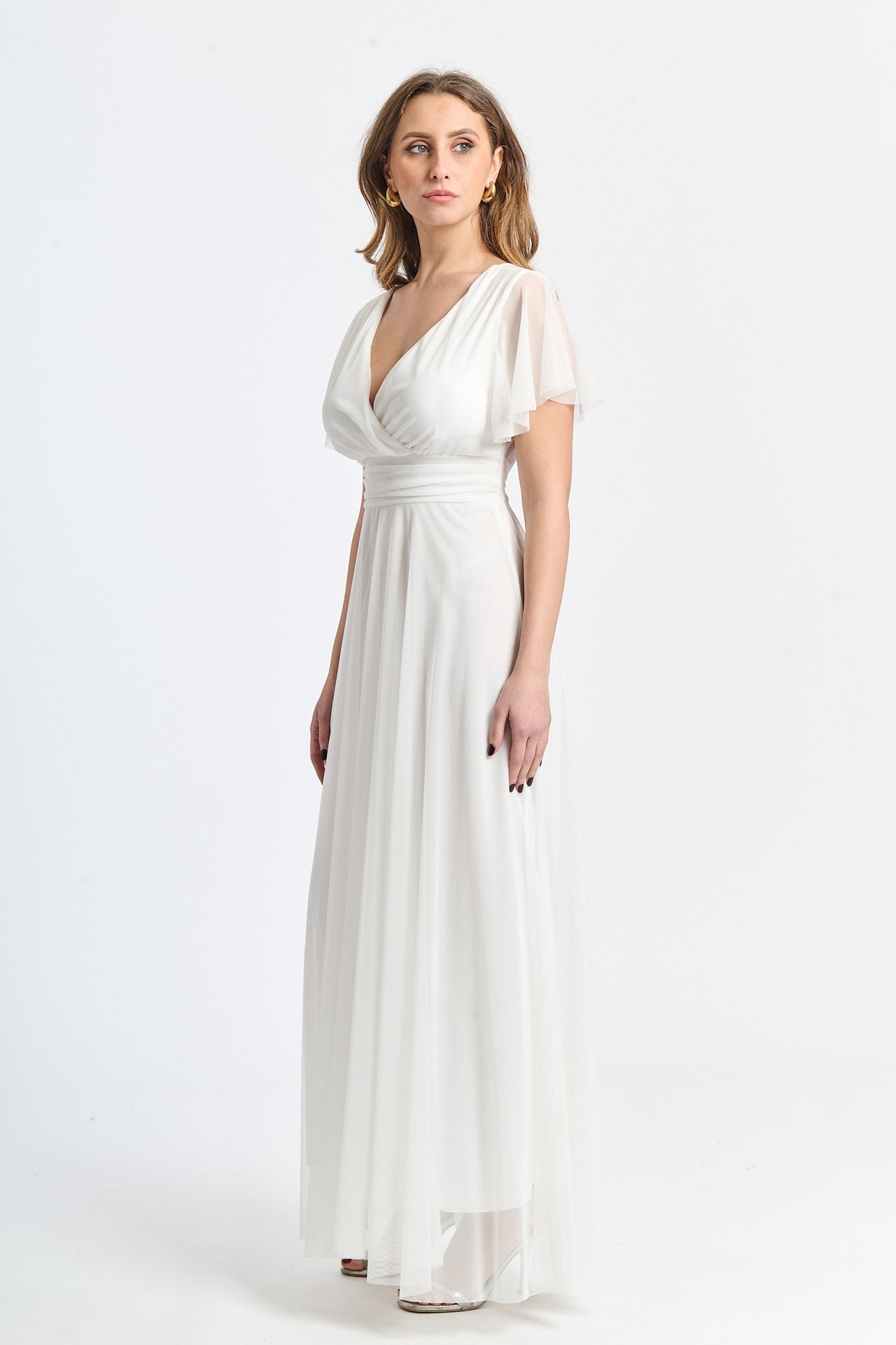 Abito bianco laccio vita, tulle trasparente, design sgargiante, per eventi formali