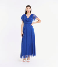 Abito bluette in tulle, scollo a V, maniche chiffon, stile pastello