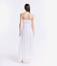 Abito da cerimonia bianco in tulle trasparente, design romantico