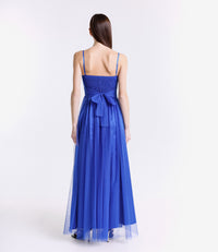 Abito da cerimonia bluette in tulle trasparente, design raffinato