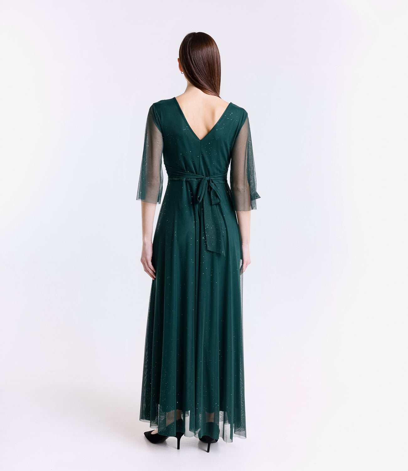 Abito da cerimonia verde.S con maniche di tulle e design avvolgente
