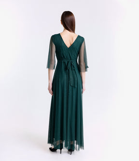 Abito da cerimonia verde.S con maniche di tulle e design avvolgente
