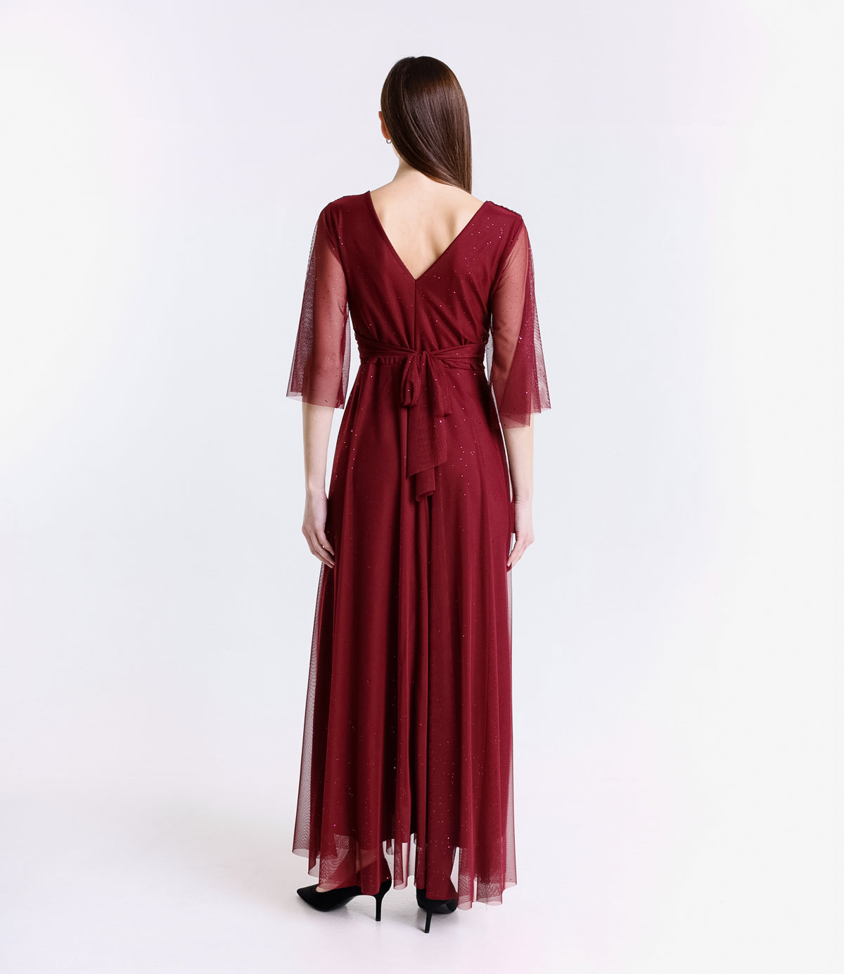 Abito da cerimonia vino con maniche di tulle e design avvolgente