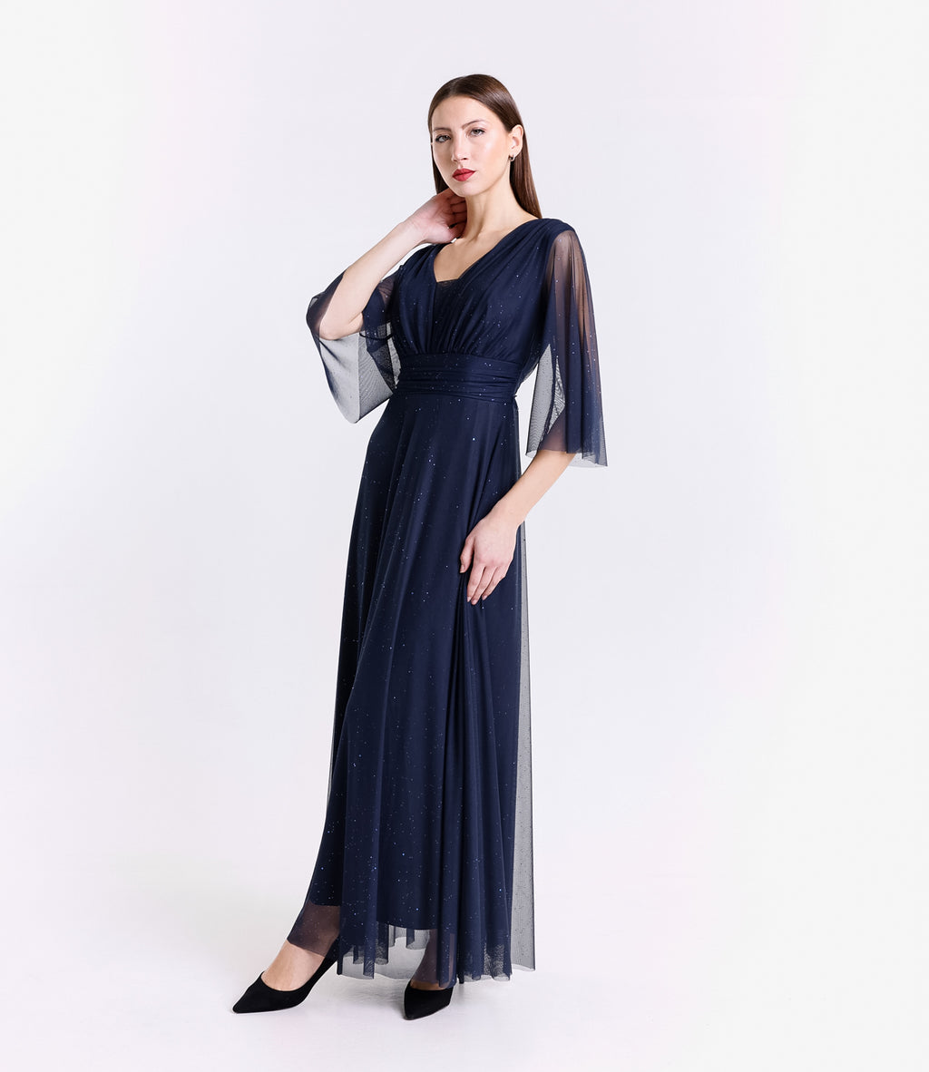 Abito da festa navy elegante con fascia in vita, colore timeless e raffinato