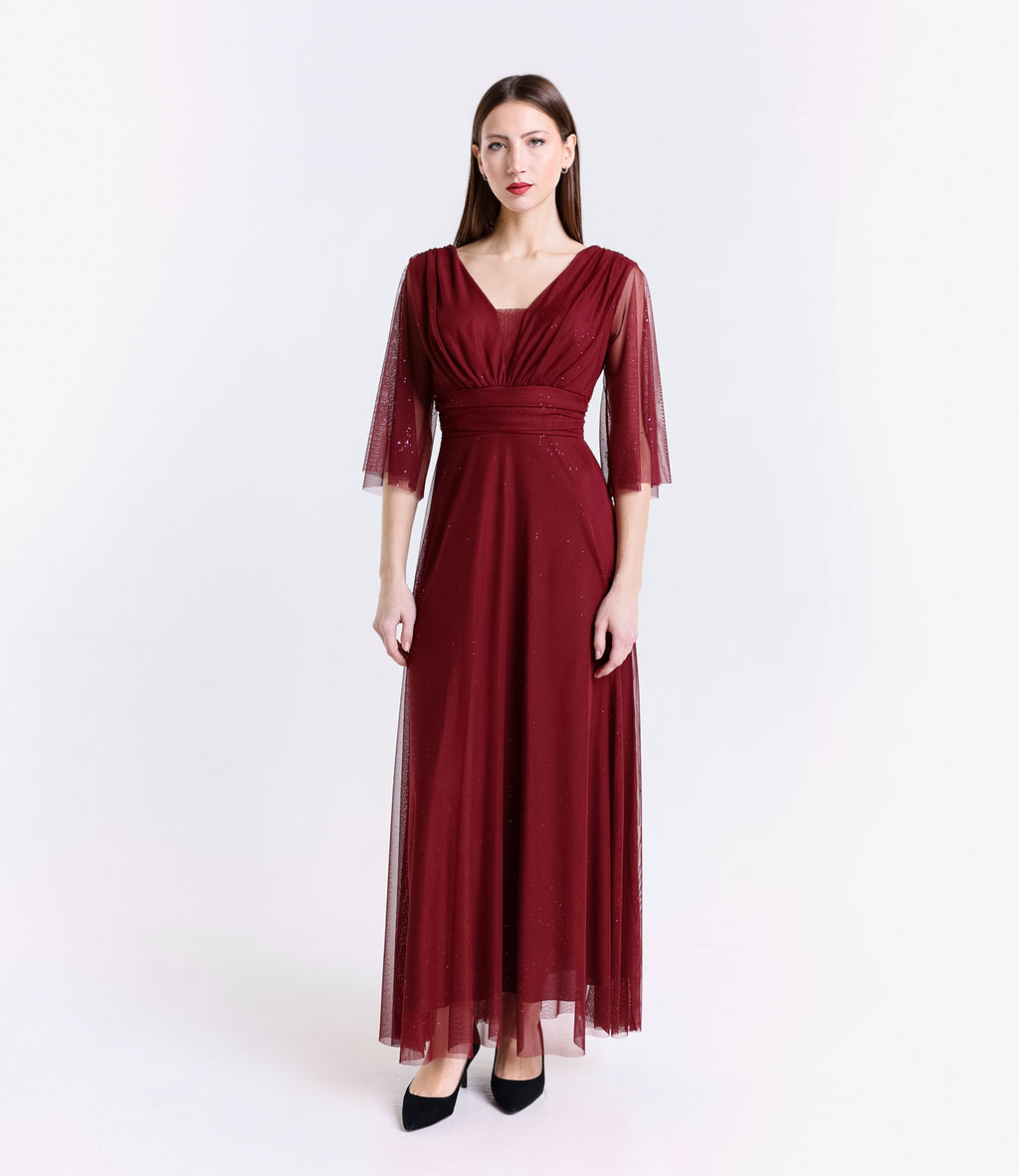 Abito da festa vino intenso con fascia in vita, colore rico e elegante