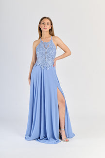 Abito da sera Jeans con pizzo sul busto e gonna fluida, slittino elegante