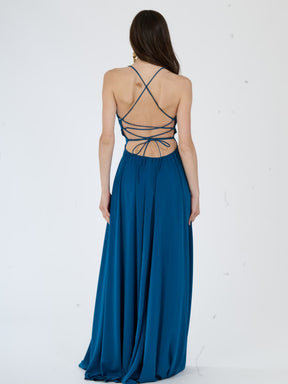 Abito elegante ottanio con gonna ampia e scollo profondo, per eventi particolari.