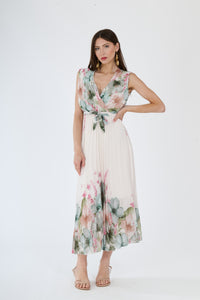 Abito estivo Salvia con stampa floreale, scollatura a V, design senza maniche e cordoncino alla vita