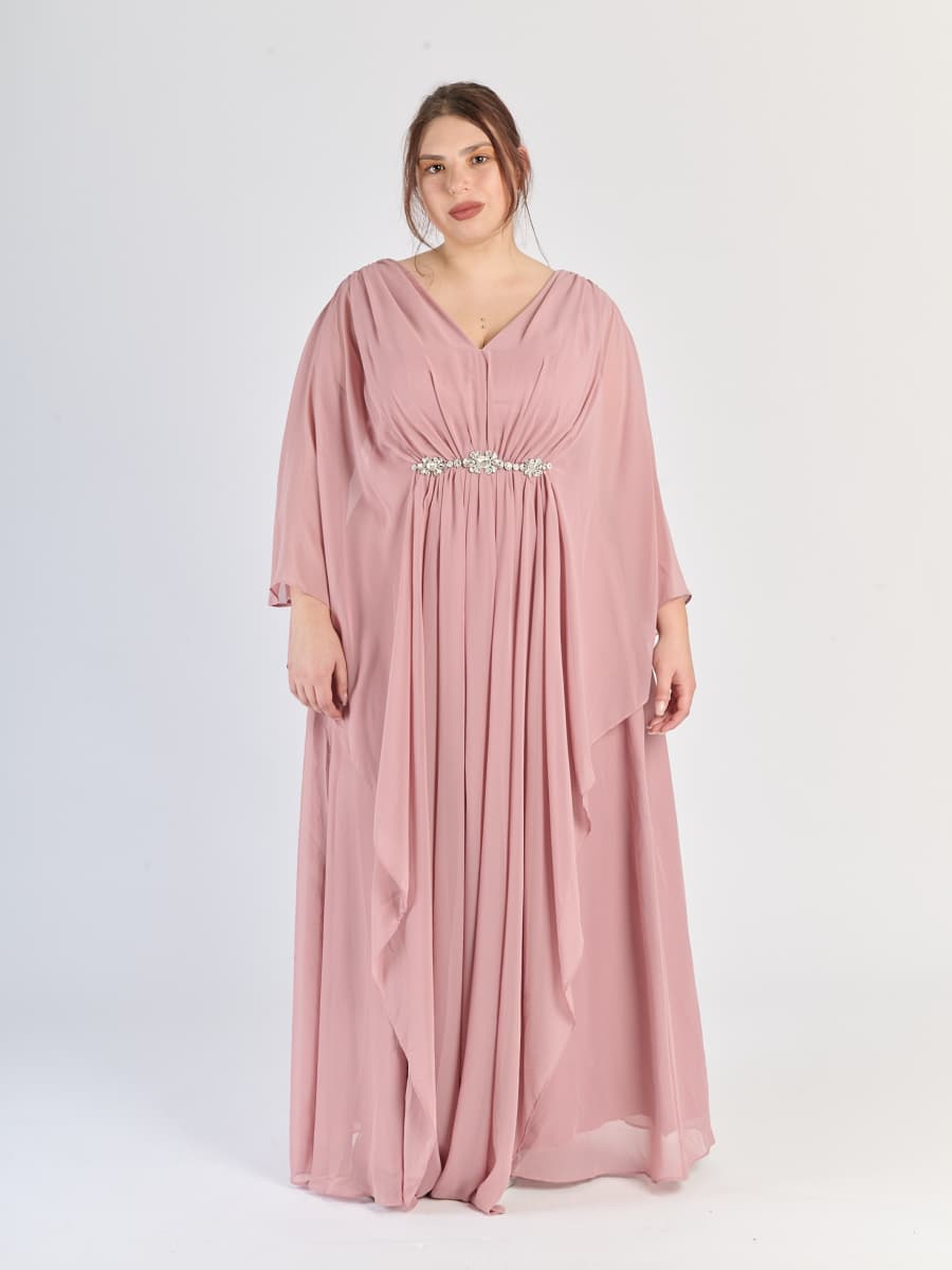 Abito formale Rosa Antico, silhouette fluida, maniche avvolgenti