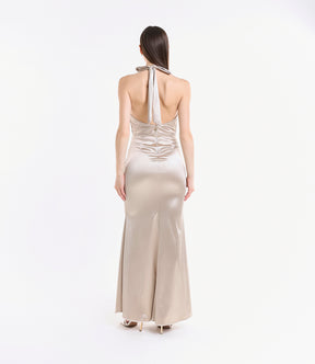 Abito formale beige in raso, ideale per cerimonie e eventi