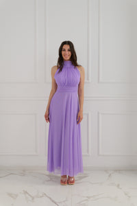 Abito lilla a puzzo con maniche corte, adatto per eventi estivi.