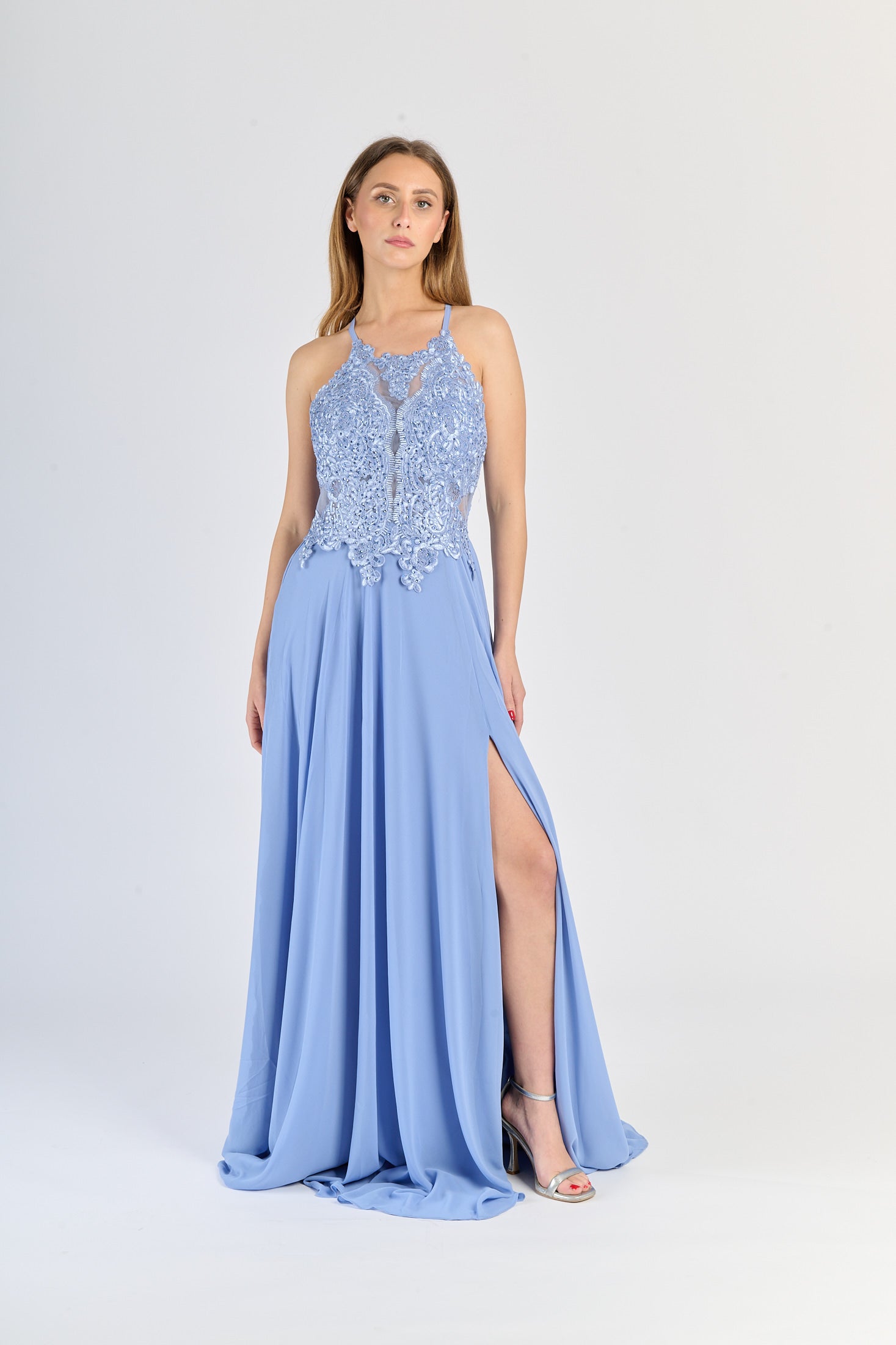 Abito lungo Jeans: design affascinante con pizzo sul busto e slittino