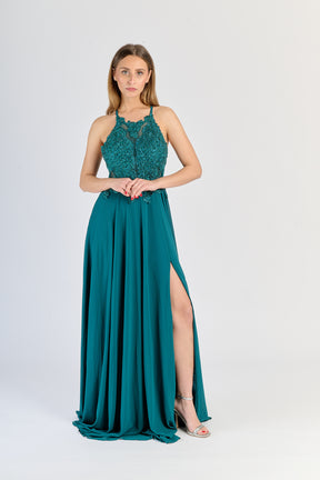 Abito lungo Ottanio: design affascinante con pizzo sul busto e slittino