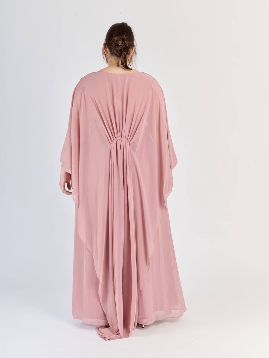 Abito lungo Rosa Antico con scollatura a V e drappaggi suggestivi