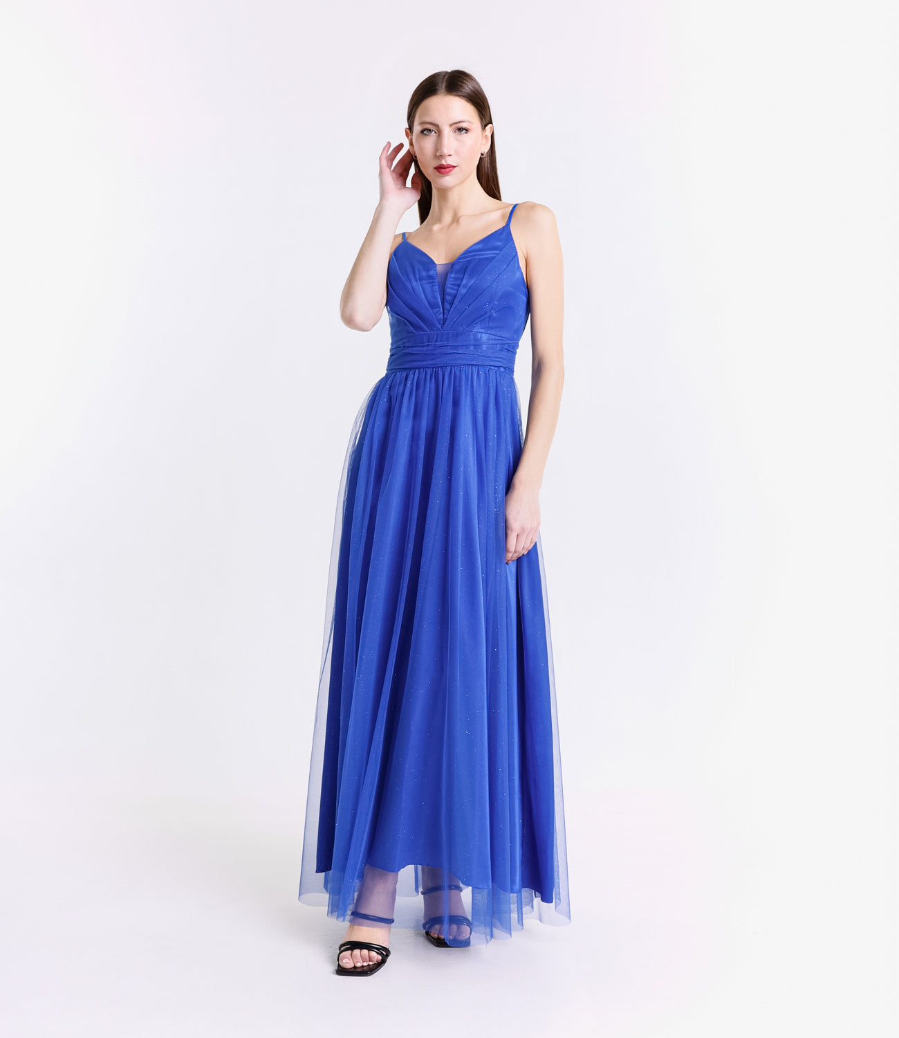 Abito lungo bluette in tulle rinfrescante, spalline sottili e scollo a V