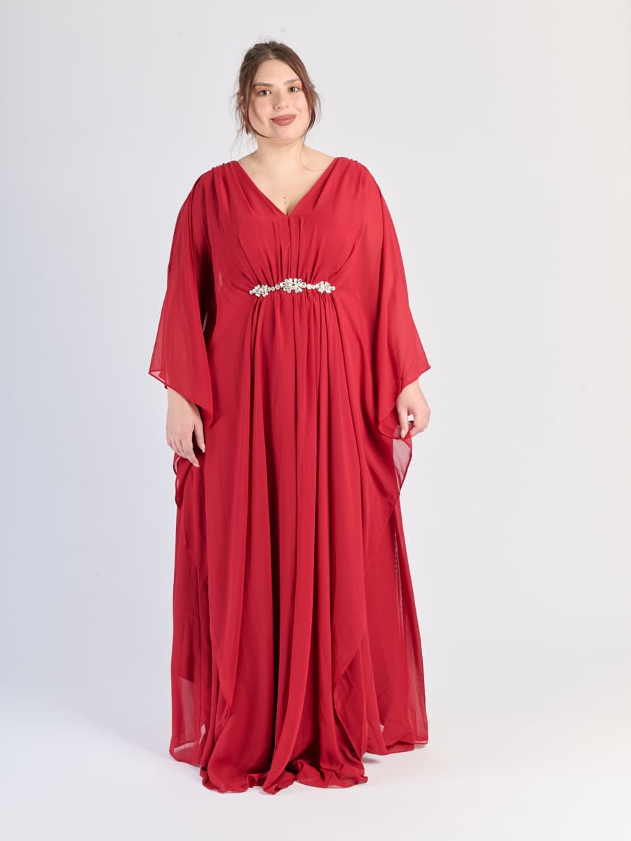 Abito lungo in Bordo, maniche ampie, stile passionale e elegante