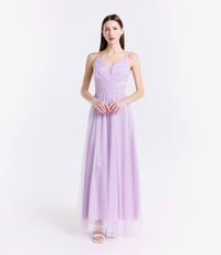 Abito lungo lilla in tulle affascinante, spalline sottili e scollo a V