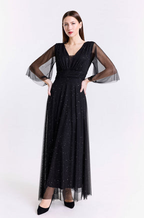 Abito lungo nero-argento affascinante con scollo a V e maniche in tulle trasparente