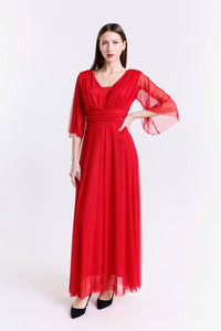 Abito lungo rosso elegante con scollo a V e maniche in tulle trasparente