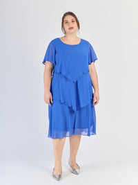 Abito midi bluette, struttura a livelli e maniche scollate, perfetto per occasioni eleganti