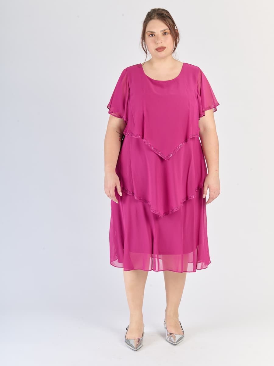 Abito midi ciliegio, design a livelli e maniche scollate, ideale per eventi speciali